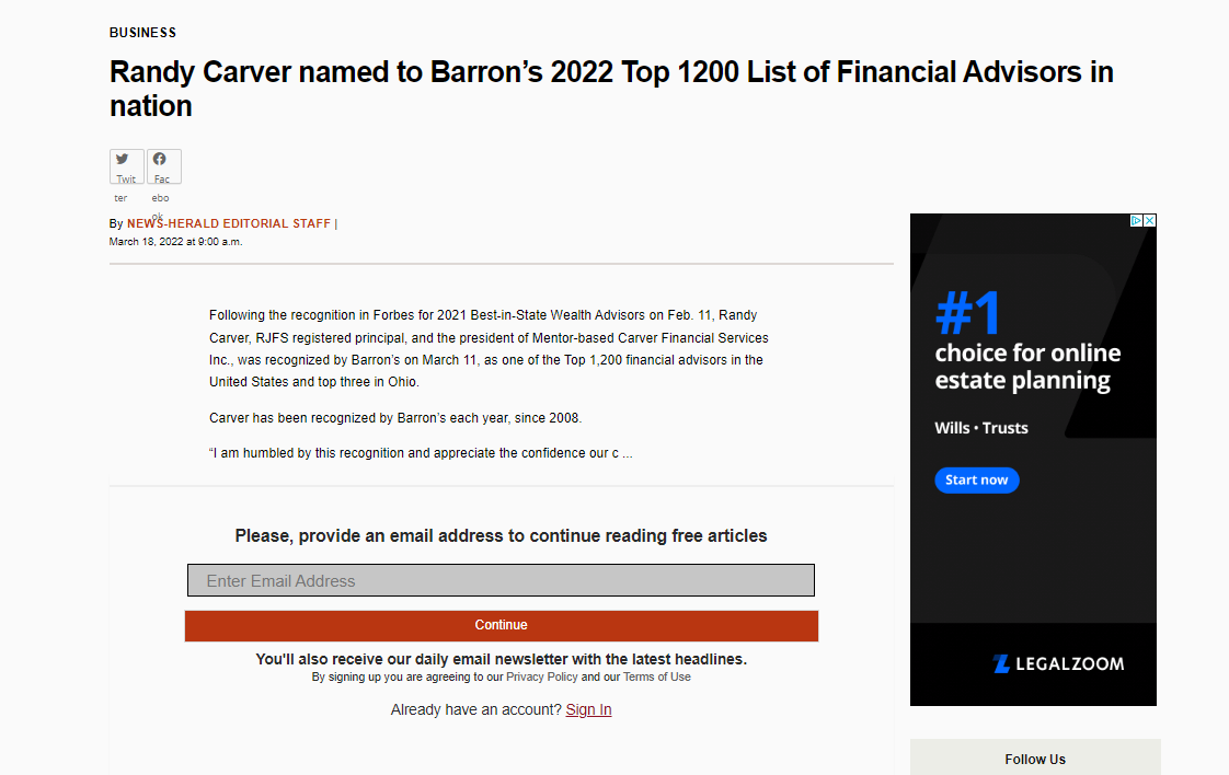 Randy Carver recognized by Barron's.