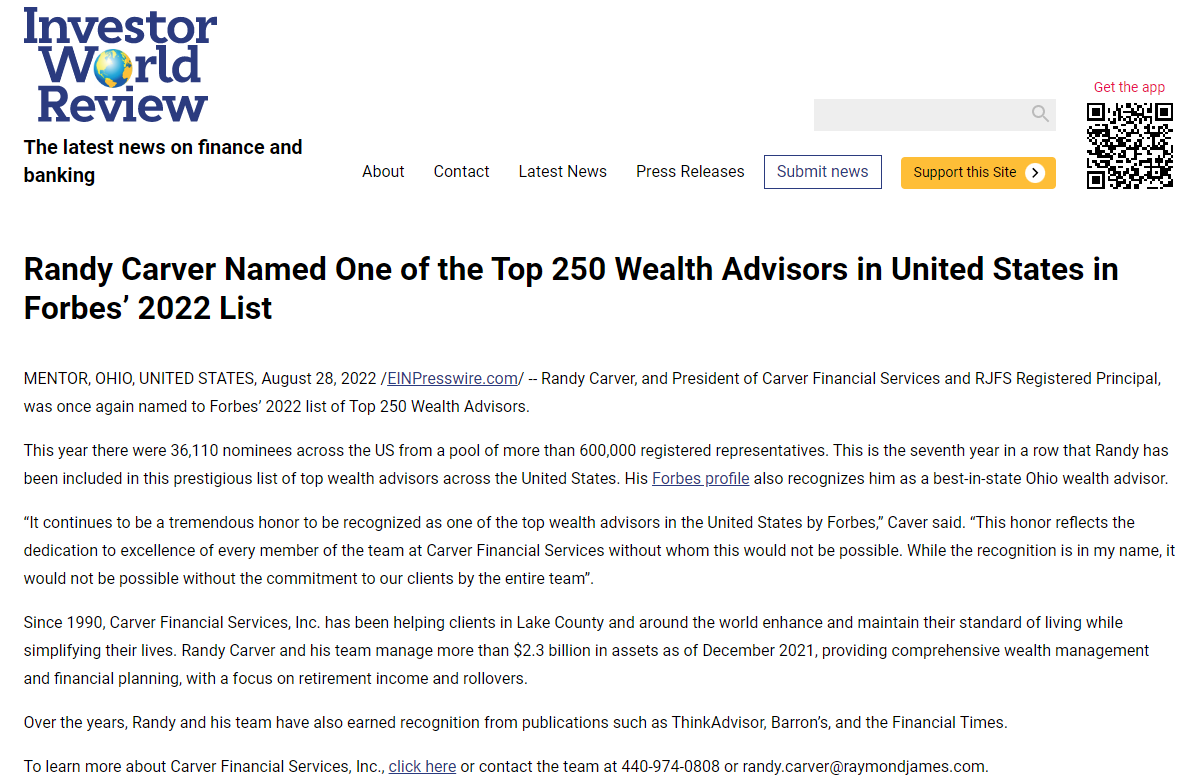 Randy Carver Placed #97 in Forbes Top Wealth Advisors