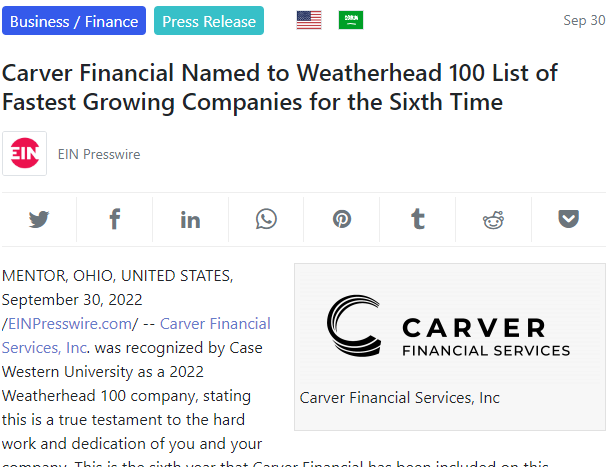 Carver Financial Named to Weatherhead 100 List of Fastest Growing Companies for the Sixth Time