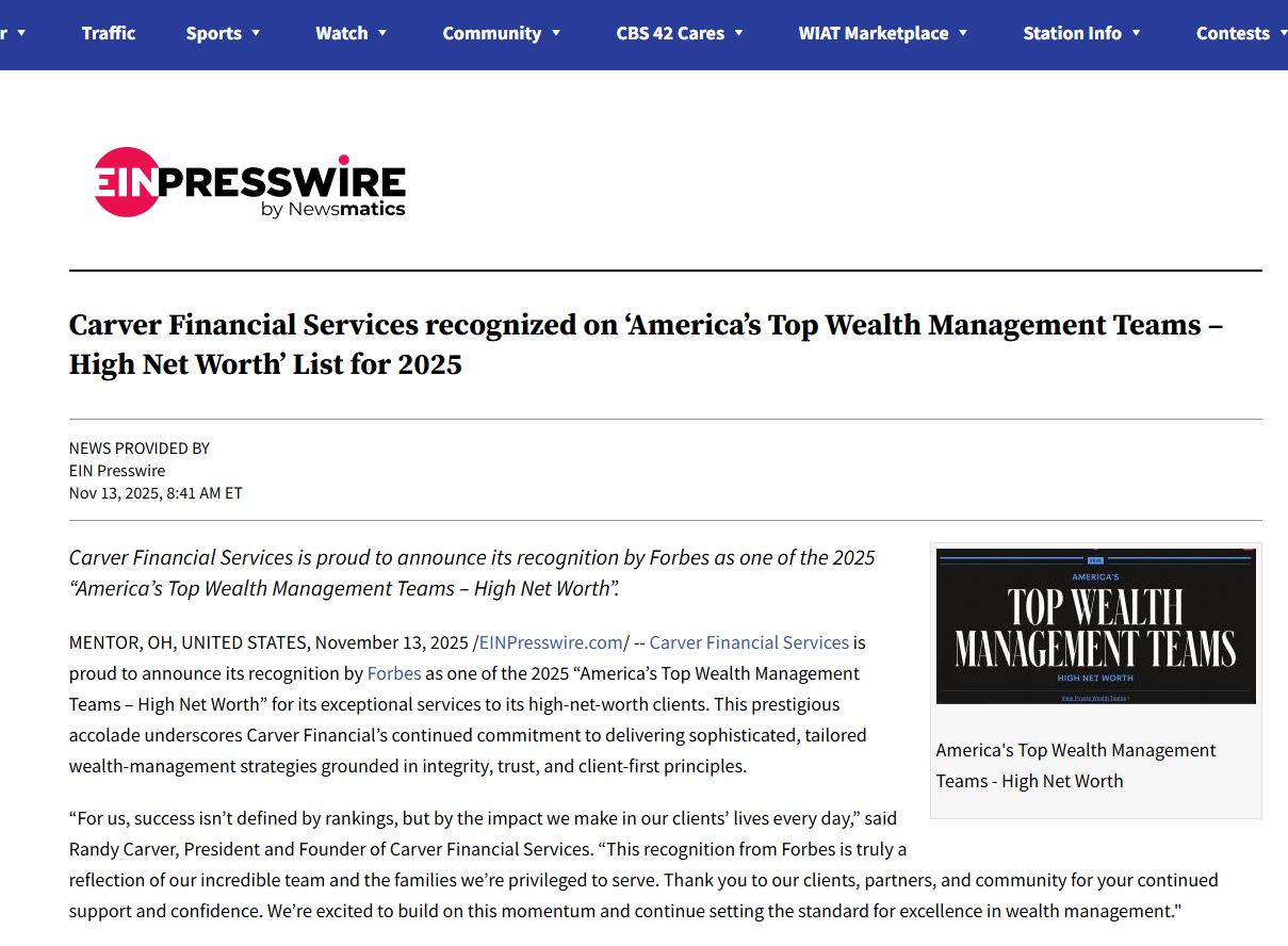 Carver Financial Services recognized on ‘America’s Top Wealth Management Teams – High Net Worth’ List for 2025
