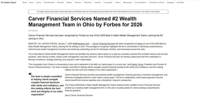 Carver Financial Services Named #2 Wealth Management Team in Ohio by Forbes for 2026