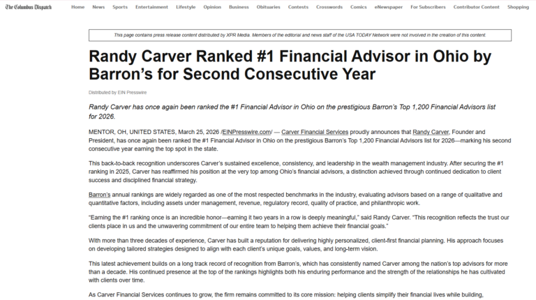 Randy Carver Ranked #1 Financial Advisor in Ohio by Barron’s for Second Consecutive Year