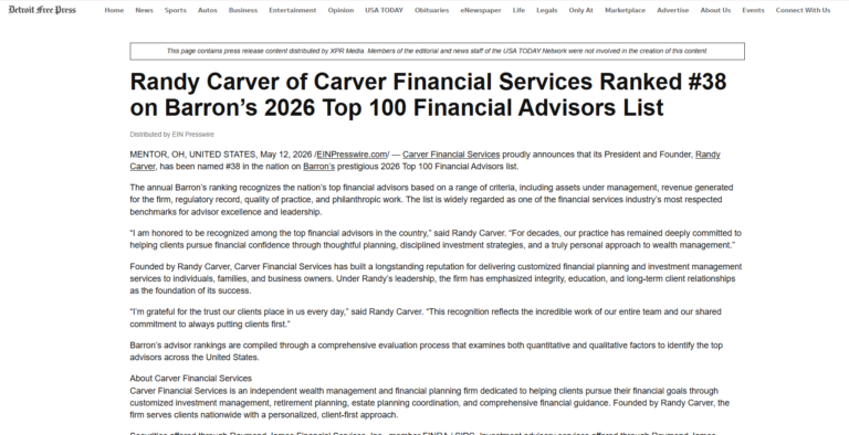 Randy Carver of Carver Financial Services Ranked #38 on Barron’s 2026 Top 100 Financial Advisors List
